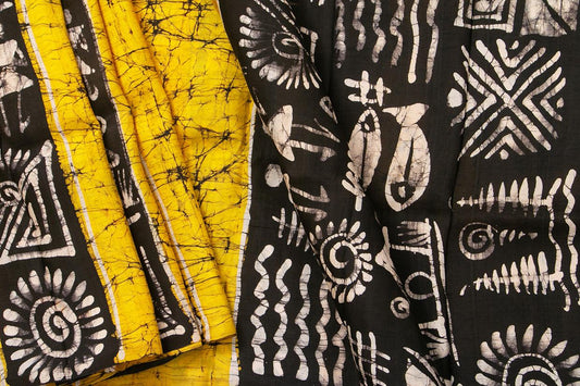 Yellow And Black Lightweight Batik Silk Saree Handwoven Pure Silk For Office Wear PB 321 - Linen Sari - Panjavarnam