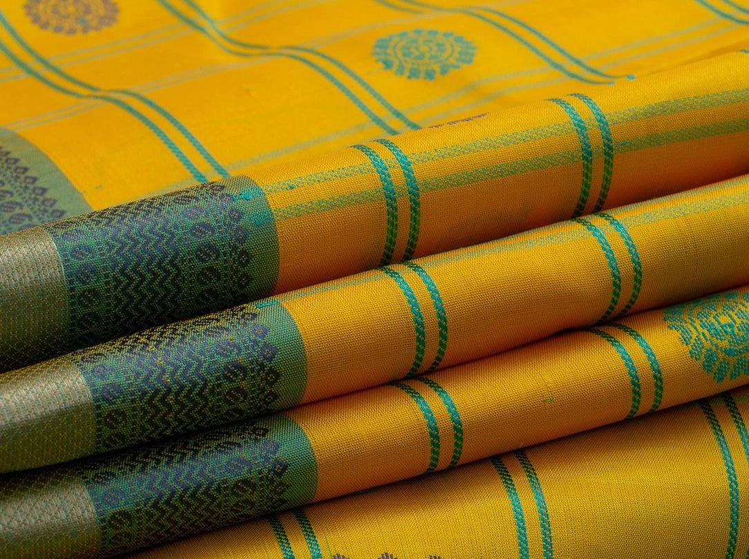 Yellow And Blue Checks Kanchipuram Silk Saree Handwoven Pure Silk No Zari For Festive Wear PV RM NZ 420 - Silk Sari - Panjavarnam