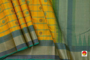 Yellow And Blue Checks Kanchipuram Silk Saree Handwoven Pure Silk No Zari For Festive Wear PV RM NZ 420 - Silk Sari - Panjavarnam PV RM NZ 420