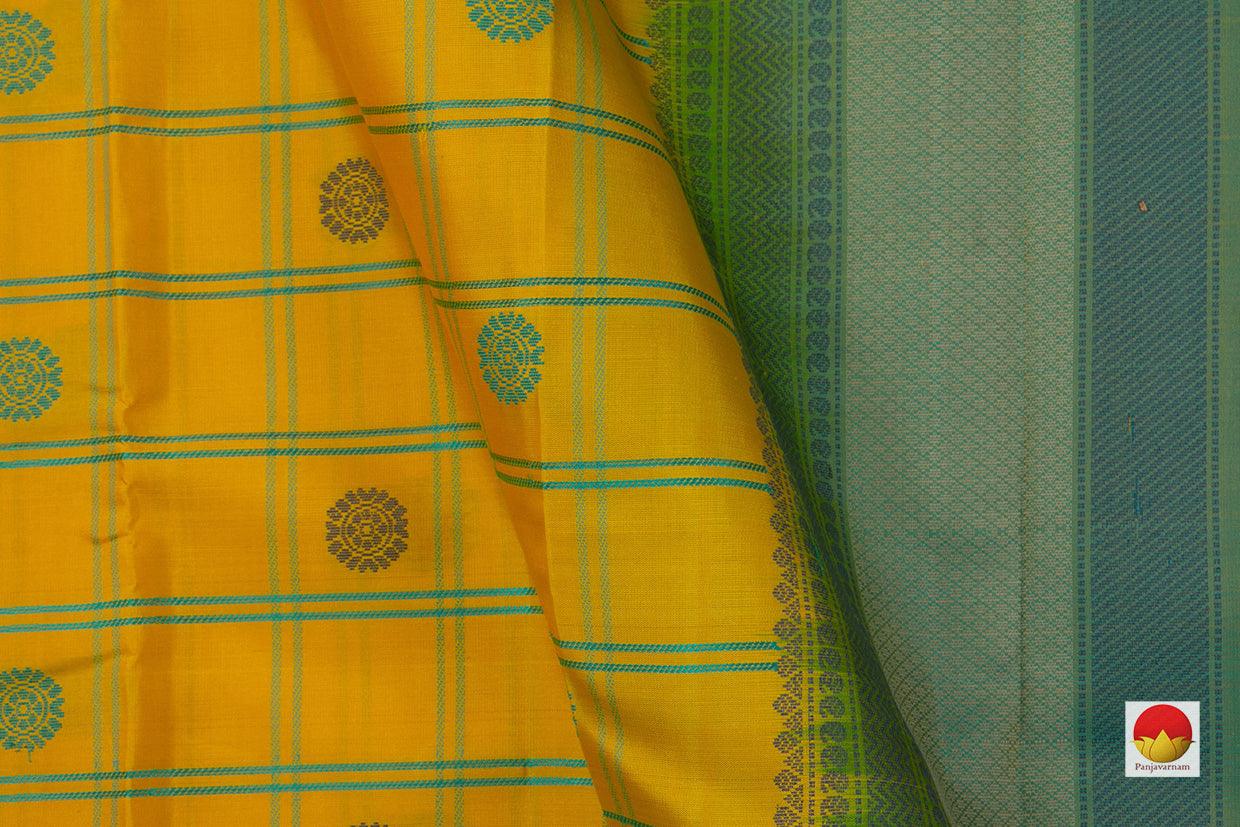 Yellow And Blue Checks Kanchipuram Silk Saree Handwoven Pure Silk No Zari For Festive Wear PV RM NZ 420 - Silk Sari - Panjavarnam PV RM NZ 420