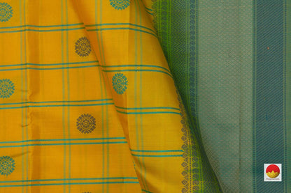 Yellow And Blue Checks Kanchipuram Silk Saree Handwoven Pure Silk No Zari For Festive Wear PV RM NZ 420 - Silk Sari - Panjavarnam PV RM NZ 420