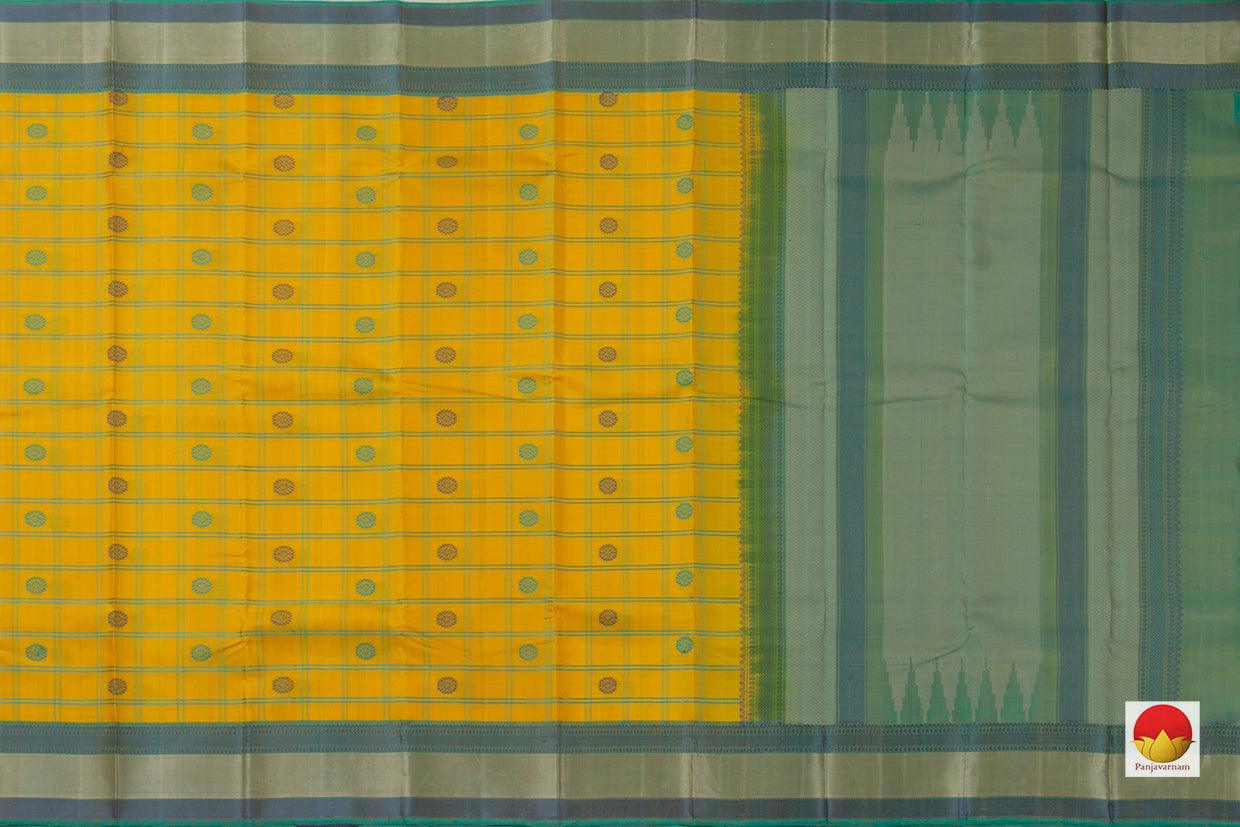 Yellow And Blue Checks Kanchipuram Silk Saree Handwoven Pure Silk No Zari For Festive Wear PV RM NZ 420 - Silk Sari - Panjavarnam PV RM NZ 420