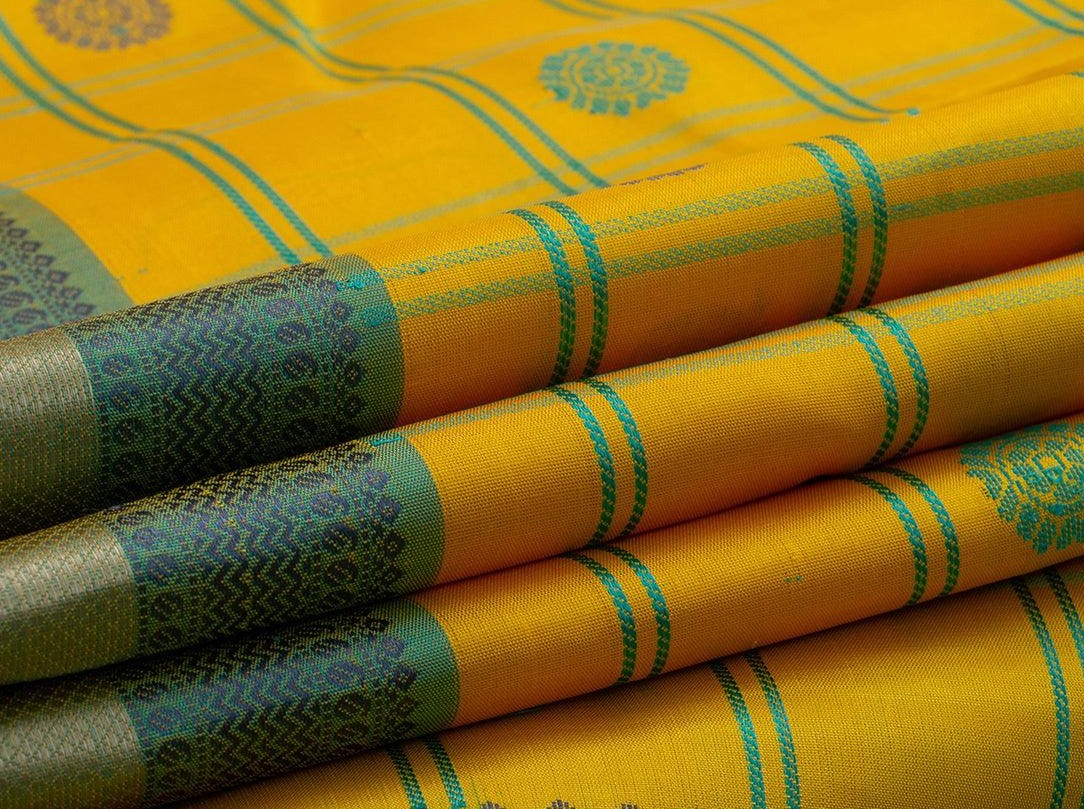 Yellow And Blue Checks Kanchipuram Silk Saree Handwoven Pure Silk No Zari For Festive Wear PV RM NZ 420 - Silk Sari - Panjavarnam PV RM NZ 420