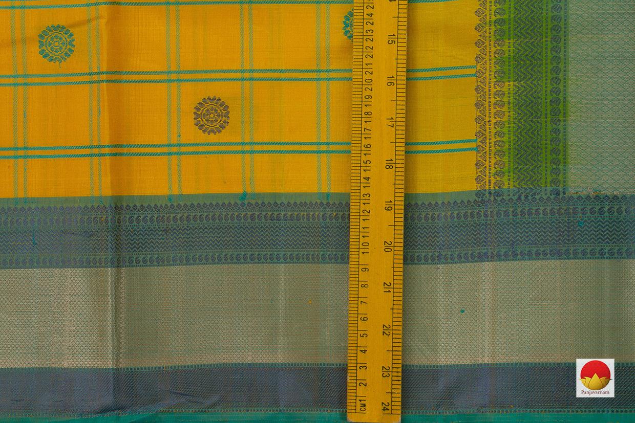 Yellow And Blue Checks Kanchipuram Silk Saree Handwoven Pure Silk No Zari For Festive Wear PV RM NZ 420 - Silk Sari - Panjavarnam PV RM NZ 420