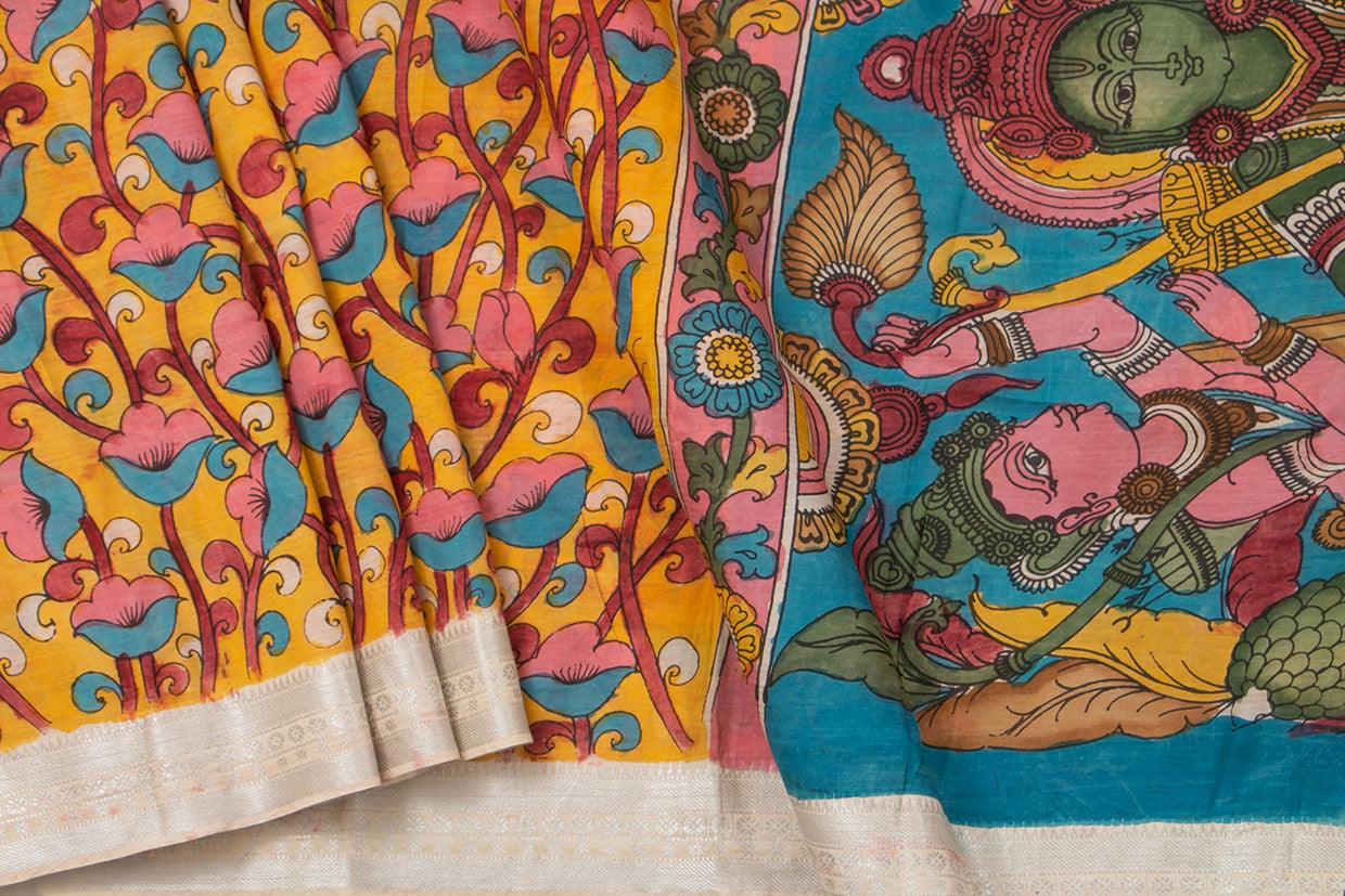 Yellow And Blue Floral Handpainted Kalamkari Mangalgiri Silk Saree Organic Dyes Silver Zari Border For Office Wear PKMS 56 - Kalamkari Silk - Panjavarnam PKMS 56