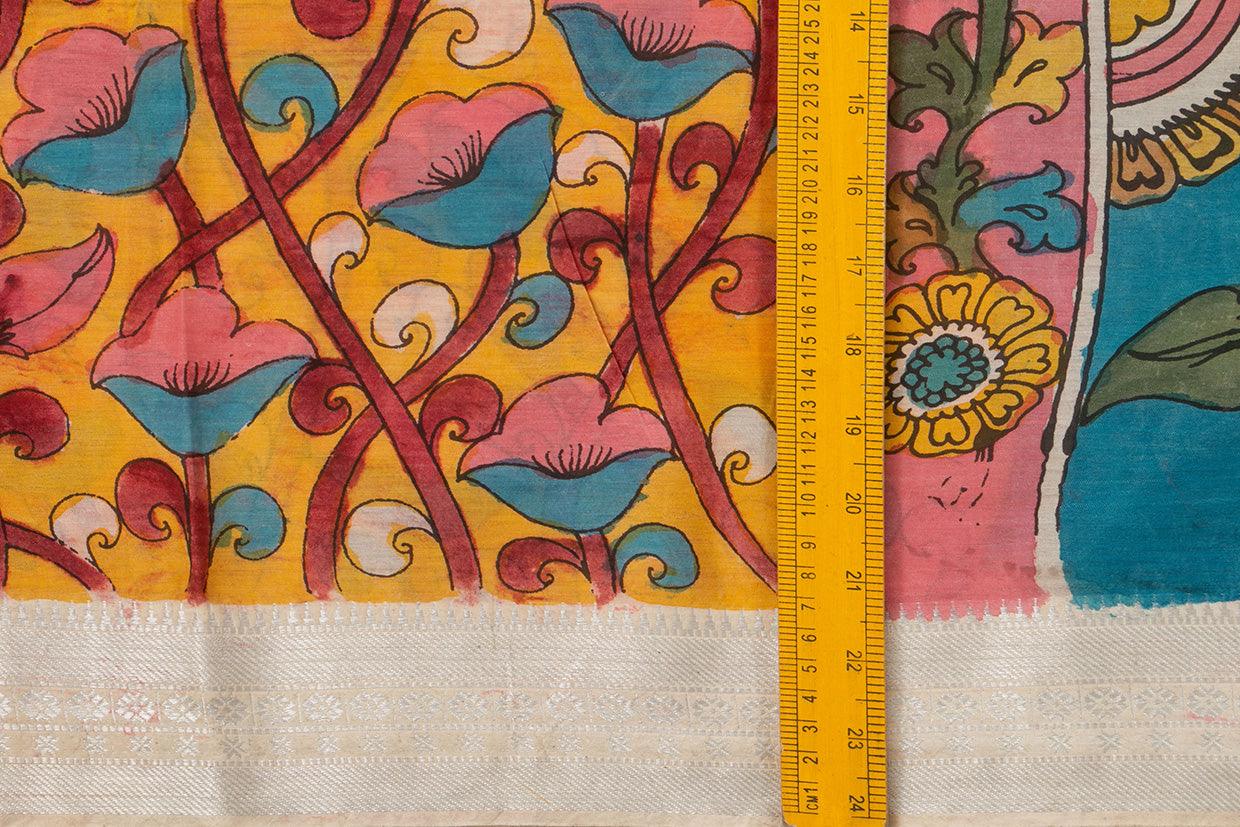 Yellow And Blue Floral Handpainted Kalamkari Mangalgiri Silk Saree Organic Dyes Silver Zari Border For Office Wear PKMS 56 - Kalamkari Silk - Panjavarnam PKMS 56