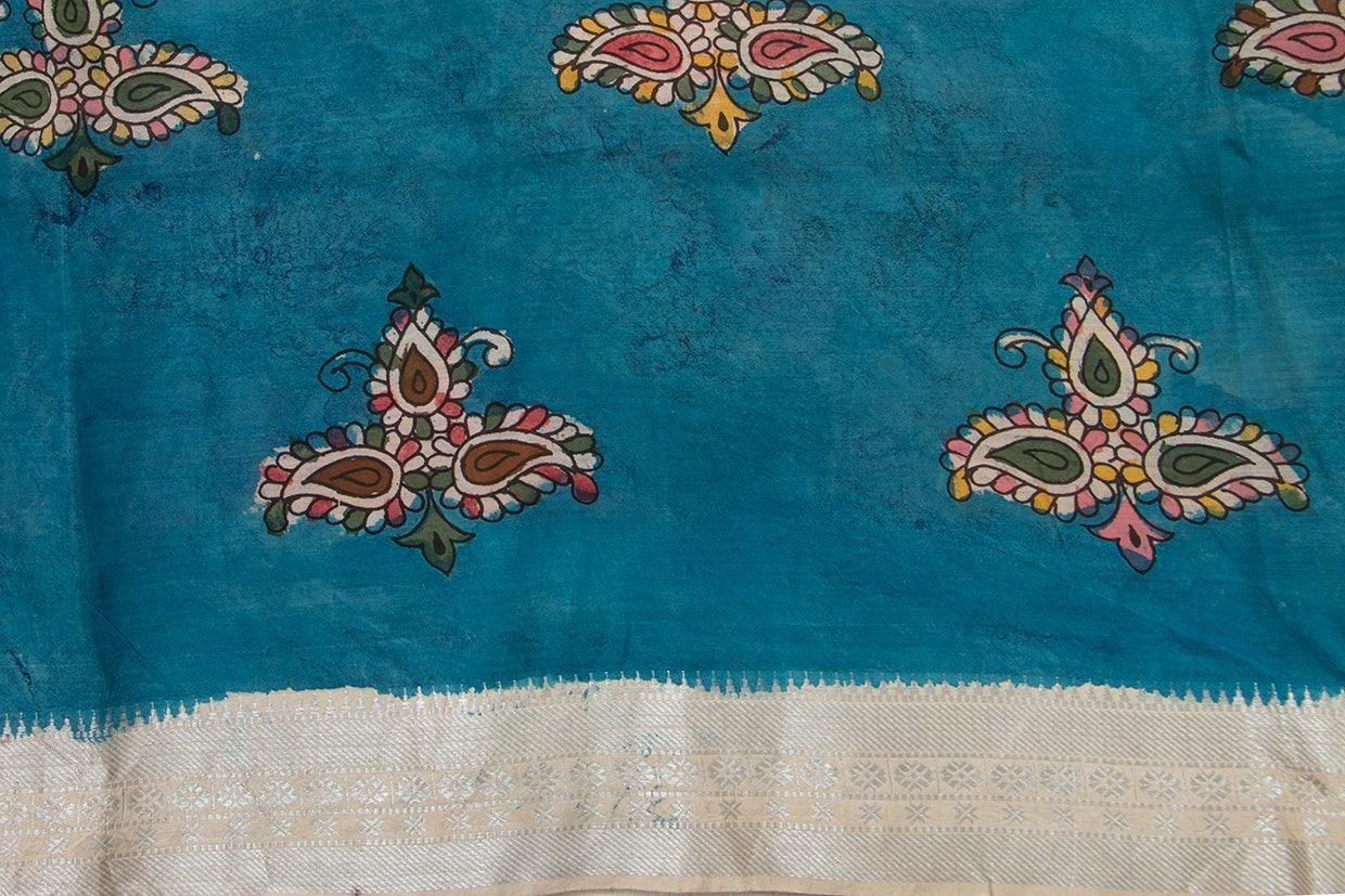 Yellow And Blue Floral Handpainted Kalamkari Mangalgiri Silk Saree Organic Dyes Silver Zari Border For Office Wear PKMS 56 - Kalamkari Silk - Panjavarnam PKMS 56