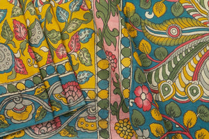 Yellow And Blue Handpainted Kalamkari Bangalore Silk Saree With Floral patterns Using Organic Dyes For Office Wear PKBS 579 - Kalamkari Silk - Panjavarnam PKBS 579