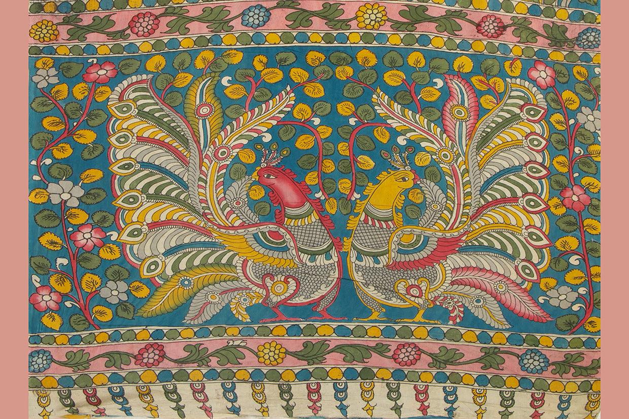 Yellow And Blue Handpainted Kalamkari Bangalore Silk Saree With Floral patterns Using Organic Dyes For Office Wear PKBS 579 - Kalamkari Silk - Panjavarnam PKBS 579