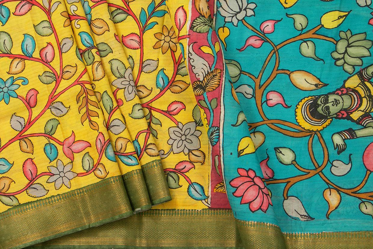 Yellow And Blue Handpainted Kalamkari Floral Pattern Mangalgiri Silk Saree Organic Dyes For Office Wear PKMS 58 - Kalamkari Silk - Panjavarnam