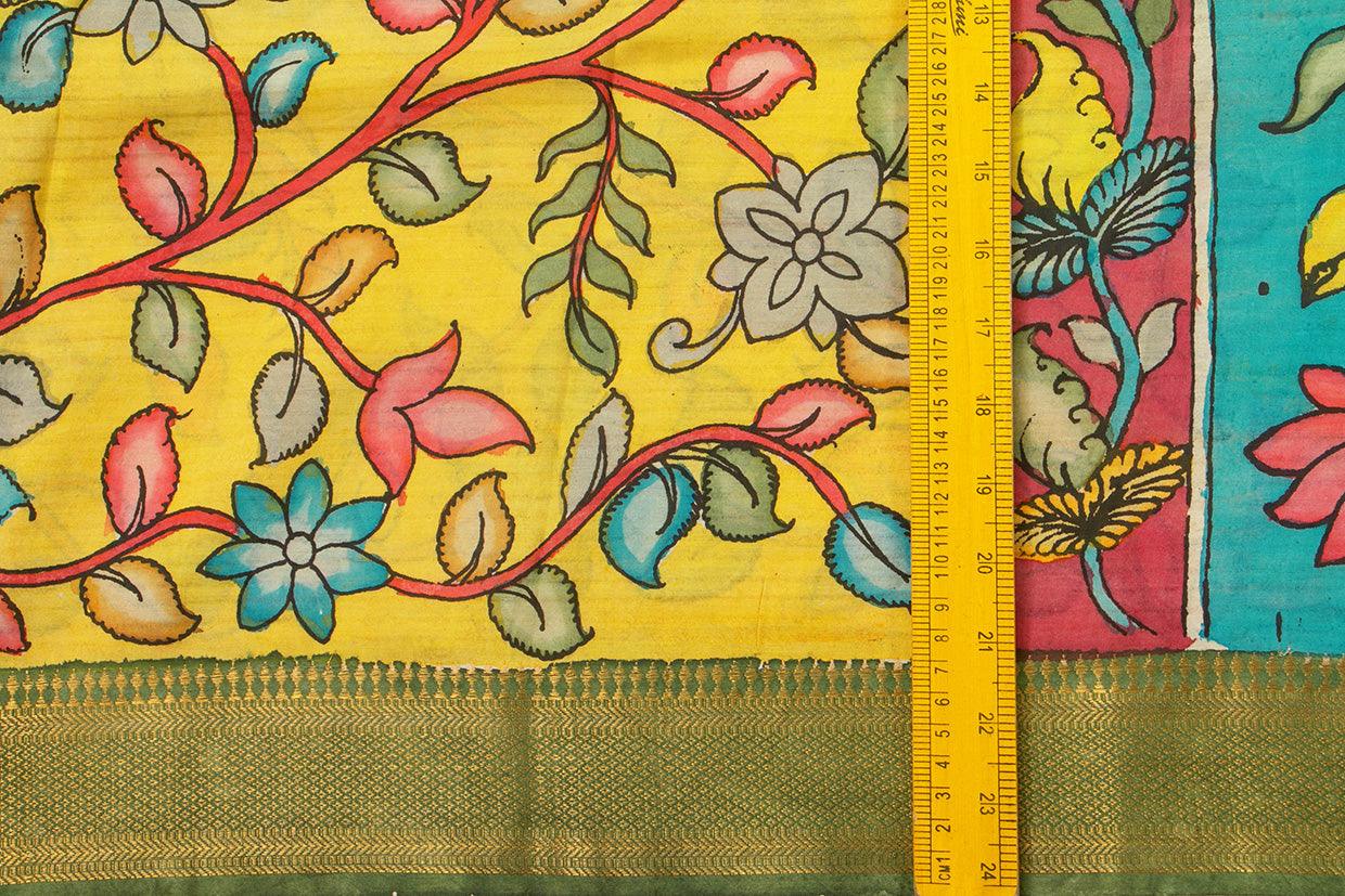 Yellow And Blue Handpainted Kalamkari Floral Pattern Mangalgiri Silk Saree Organic Dyes For Office Wear PKMS 58 - Kalamkari Silk - Panjavarnam