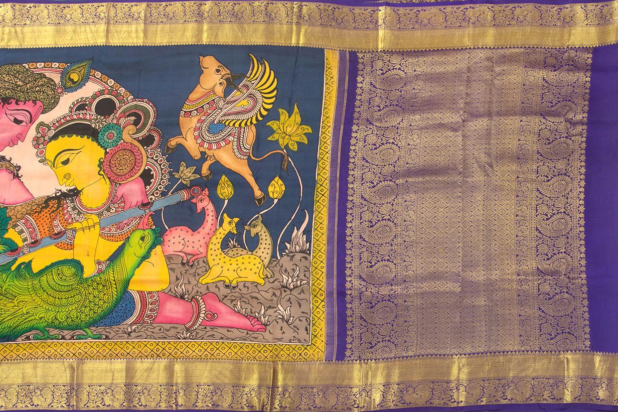 Yellow And Blue Handpainted Kalamkari Kanchipuram Silk Saree Krishna Leela Theme Pure Zari PV SRK KK 102 - Kalamkari Silk - Panjavarnam
