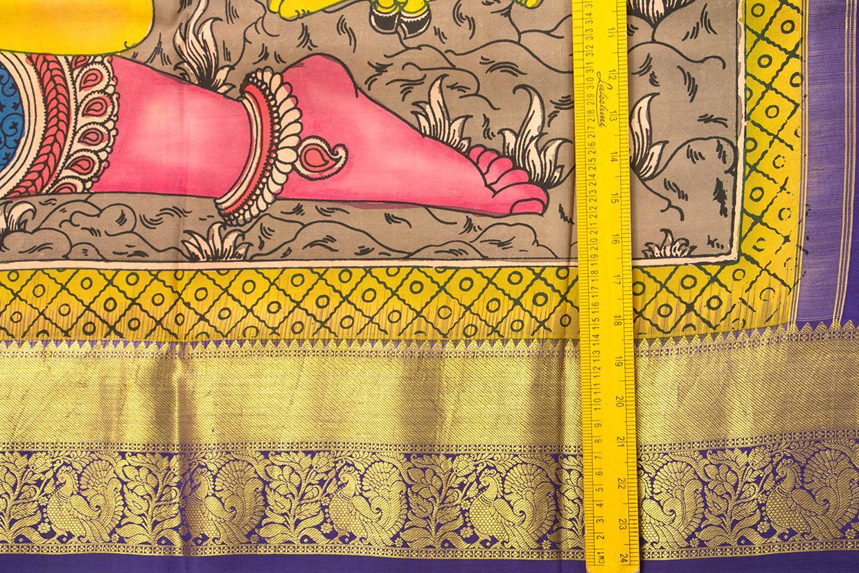 Yellow And Blue Handpainted Kalamkari Kanchipuram Silk Saree Krishna Leela Theme Pure Zari PV SRK KK 102 - Kalamkari Silk - Panjavarnam