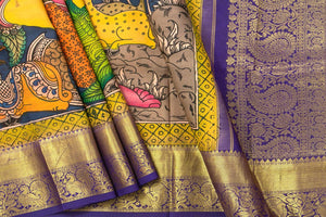 Yellow And Blue Handpainted Kalamkari Kanchipuram Silk Saree Krishna Leela Theme Pure Zari PV SRK KK 102 - Kalamkari Silk - Panjavarnam PV SRK KK 102