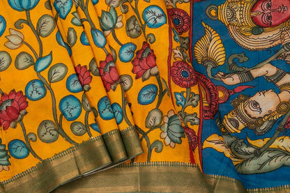 Yellow And Blue Handpainted Kalamkari Mangalgiri Silk Saree Organic Dyes For Office Wear PKMS 66 - Kalamkari Silk - Panjavarnam