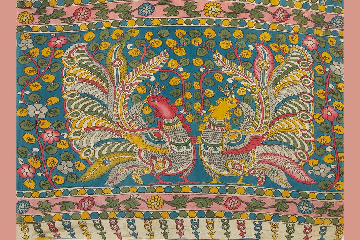 Yellow And Blue Handpainted Kalamkari Saree With Floral patterns Using Organic Dyes For Office Wear PKM 579 - Kalamkari Silk - Panjavarnam
