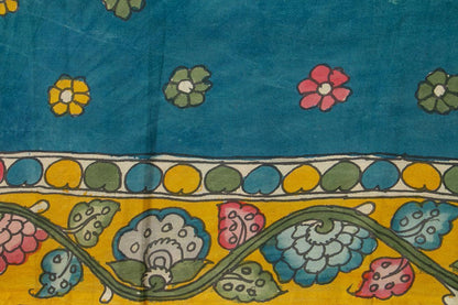 Yellow And Blue Handpainted Kalamkari Saree With Floral patterns Using Organic Dyes For Office Wear PKM 579 - Kalamkari Silk - Panjavarnam