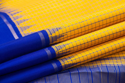 Yellow And Blue Kanchipuram Silk Saree With Small Border Handwoven Pure Silk For Festive Wear PV NYC 1009 - Silk Sari - Panjavarnam