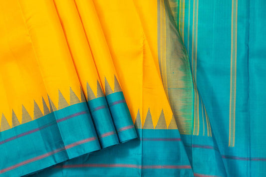 Yellow And Blue Temple Border Kanchipuram Silk Saree Light Weight For Festive Wear PV KNN 239 - Silk Sari - Panjavarnam