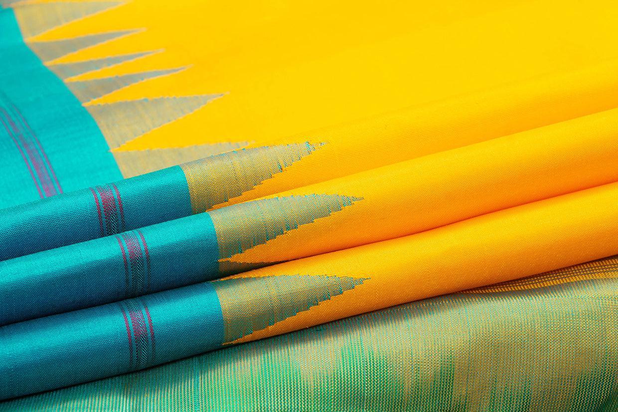 Yellow And Blue Temple Border Kanchipuram Silk Saree Light Weight For Festive Wear PV KNN 239 - Silk Sari - Panjavarnam PV KNN 239