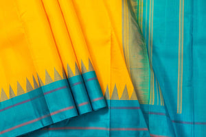 Yellow And Blue Temple Border Kanchipuram Silk Saree Light Weight For Festive Wear PV KNN 239 - Silk Sari - Panjavarnam PV KNN 239