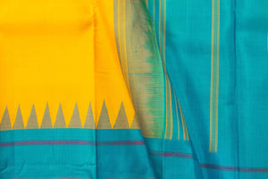 Yellow And Blue Temple Border Kanchipuram Silk Saree Light Weight For Festive Wear PV KNN 239 - Silk Sari - Panjavarnam PV KNN 239