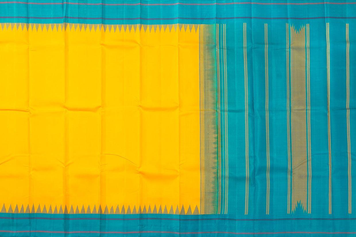Yellow And Blue Temple Border Kanchipuram Silk Saree Light Weight For Festive Wear PV KNN 239 - Silk Sari - Panjavarnam PV KNN 239