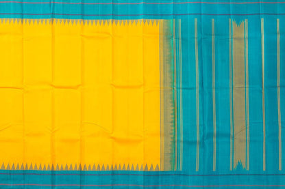 Yellow And Blue Temple Border Kanchipuram Silk Saree Light Weight For Festive Wear PV KNN 239 - Silk Sari - Panjavarnam PV KNN 239