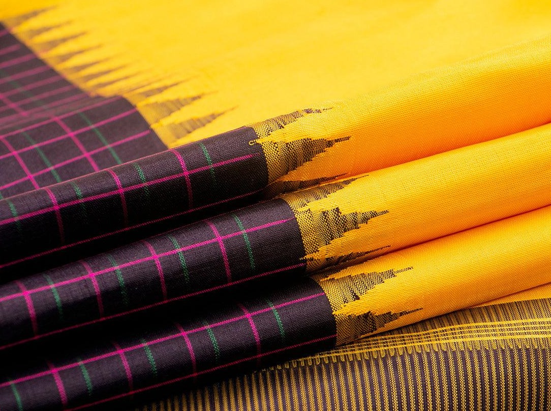 Yellow And Brown Kanchipuram Silk Saree With Medium Border Handwoven Pure Silk For Festive Wear PV NYC 998 - Silk Sari - Panjavarnam