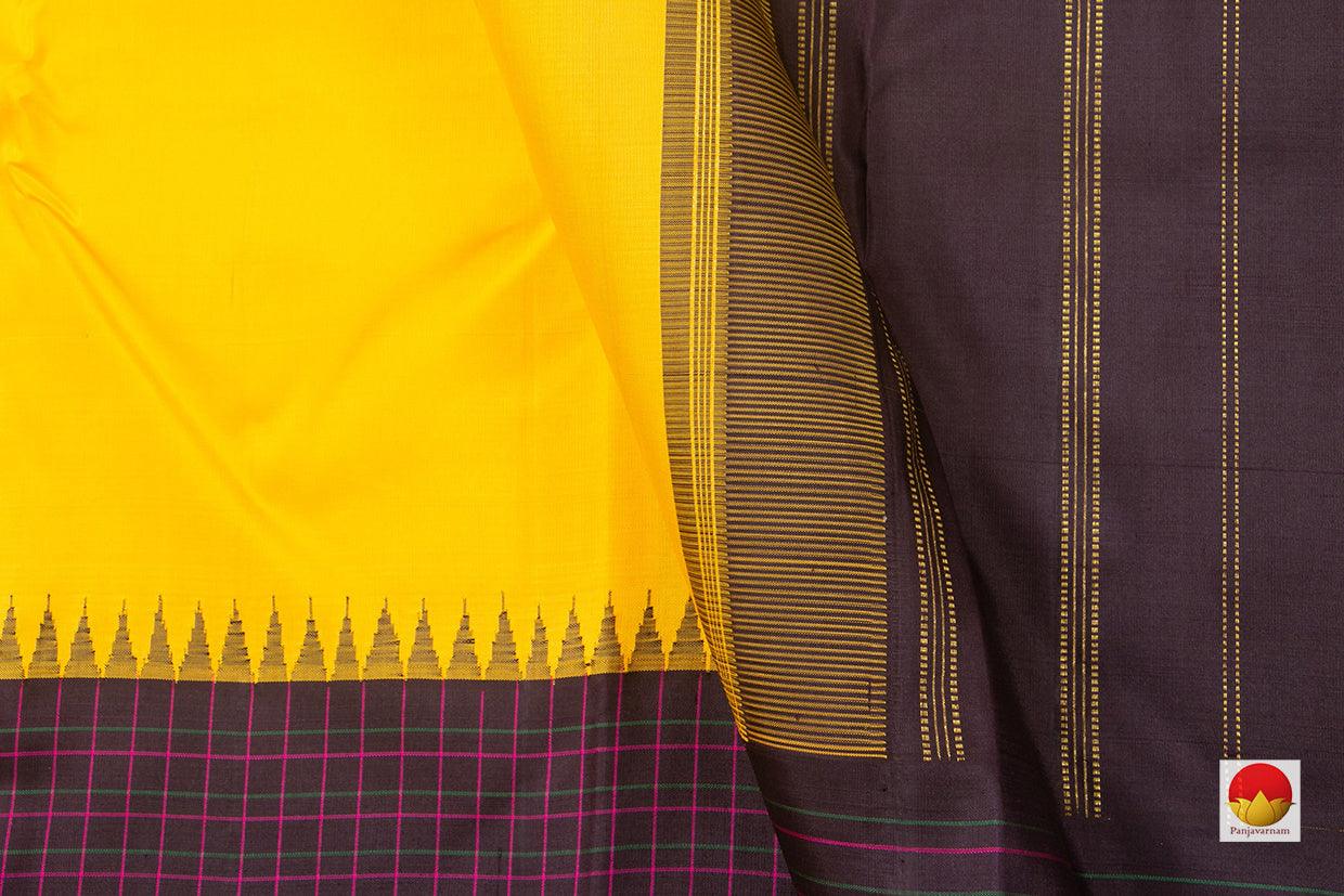 Yellow And Brown Kanchipuram Silk Saree With Medium Border Handwoven Pure Silk For Festive Wear PV NYC 998 - Silk Sari - Panjavarnam PV NYC 998