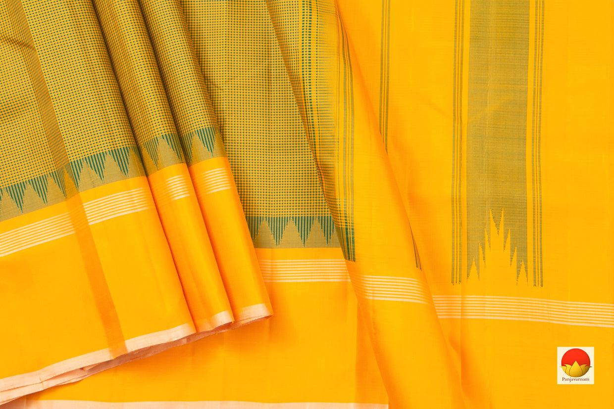 Yellow And Green Kanchipuram Silk Saree Handwoven Pure Silk Khasa Khasa Checks Temple Border No Zari PV KNN 188 - Silk Sari - Panjavarnam PV KNN 188