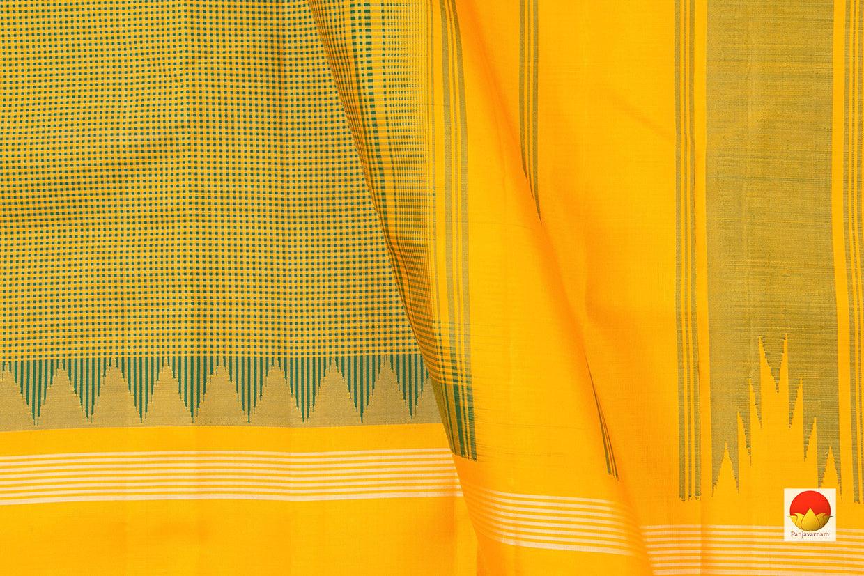 Yellow And Green Kanchipuram Silk Saree Handwoven Pure Silk Khasa Khasa Checks Temple Border No Zari PV KNN 188 - Silk Sari - Panjavarnam PV KNN 188