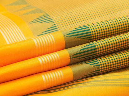 Yellow And Green Kanchipuram Silk Saree Handwoven Pure Silk Khasa Khasa Checks Temple Border No Zari PV KNN 188 - Silk Sari - Panjavarnam PV KNN 188