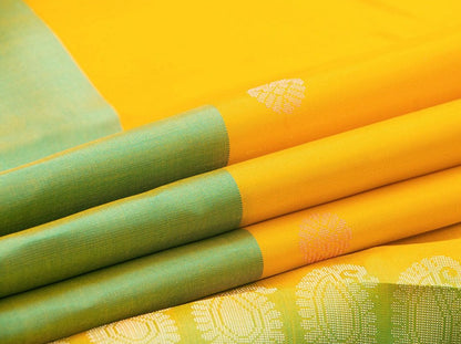 Yellow And Green Kanchipuram Silk Saree Handwoven Pure Silk No Zari Light Weight With Medium Border Office Wear PV KNN 178 - Silk Sari - Panjavarnam