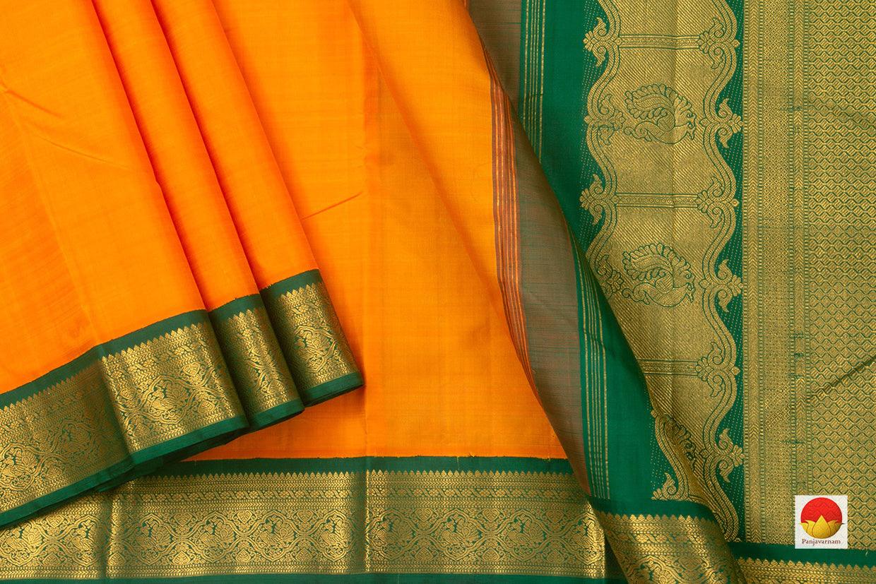 Yellow And Green Kanchipuram Silk Saree With Korvai Contrast Border Handwoven Pure Silk Pure Zari For Festive Wear PV NYC 778 - Silk Sari - Panjavarnam PV NYC 778