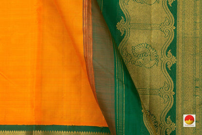 Yellow And Green Kanchipuram Silk Saree With Korvai Contrast Border Handwoven Pure Silk Pure Zari For Festive Wear PV NYC 778 - Silk Sari - Panjavarnam PV NYC 778