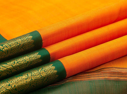 Yellow And Green Kanchipuram Silk Saree With Korvai Contrast Border Handwoven Pure Silk Pure Zari For Festive Wear PV NYC 778 - Silk Sari - Panjavarnam PV NYC 778