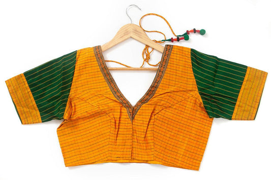 Yellow And Green Silkcotton Readymade Blouse PV BL 143 - Blouse - Panjavarnam PV BL 143