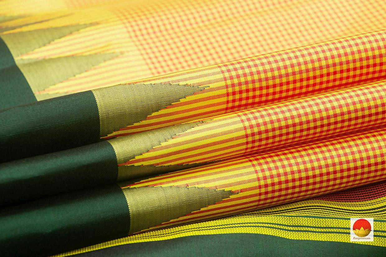 Yellow And Green Temple Border Kanchipuram Silk Saree Handwoven Pure Silk Khasa Khasa Checks No Zari PV KNN 186 - Silk Sari - Panjavarnam