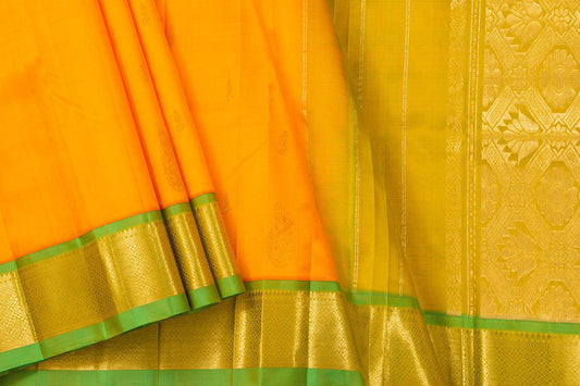 Yellow And Green Thirubhuvanam Silk Saree With Single Side Short Border Handwoven Pure Silk For Festive Wear PV ABI 31 - Silk Sari - Panjavarnam