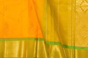 Yellow And Green Thirubhuvanam Silk Saree With Single Side Short Border Handwoven Pure Silk For Festive Wear PV ABI 31 - Silk Sari - Panjavarnam PV ABI 31