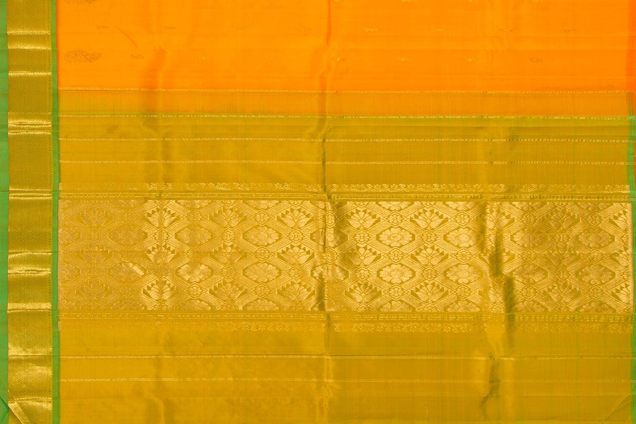 Yellow And Green Thirubhuvanam Silk Saree With Single Side Short Border Handwoven Pure Silk For Festive Wear PV ABI 31 - Silk Sari - Panjavarnam PV ABI 31