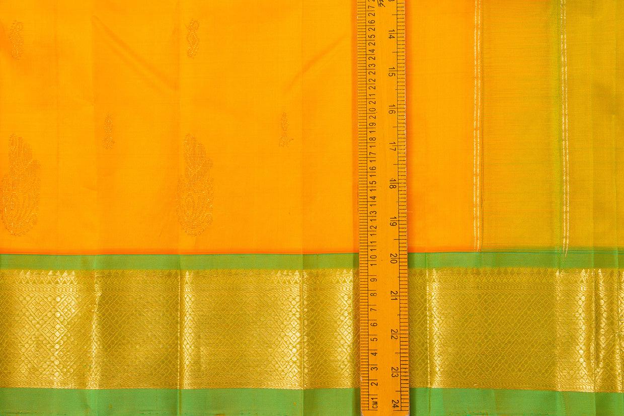 Yellow And Green Thirubhuvanam Silk Saree With Single Side Short Border Handwoven Pure Silk For Festive Wear PV ABI 31 - Silk Sari - Panjavarnam PV ABI 31