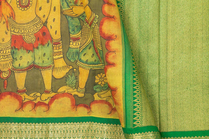Yellow And Green Village Theme Handpainted Kalamkari Kanchipuram Silk Saree Pure Zari Morning Evening Border PKK 16 - Kalamkari Silk - Panjavarnam