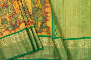 Yellow And Green Village Theme Handpainted Kalamkari Kanchipuram Silk Saree Pure Zari Morning Evening Border PKK 16 - Kalamkari Silk - Panjavarnam PKK 16