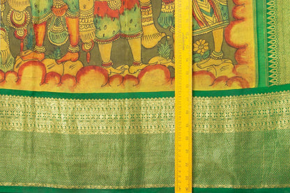 Yellow And Green Village Theme Handpainted Kalamkari Kanchipuram Silk Saree Pure Zari Morning Evening Border PKK 16 - Kalamkari Silk - Panjavarnam PKK 16