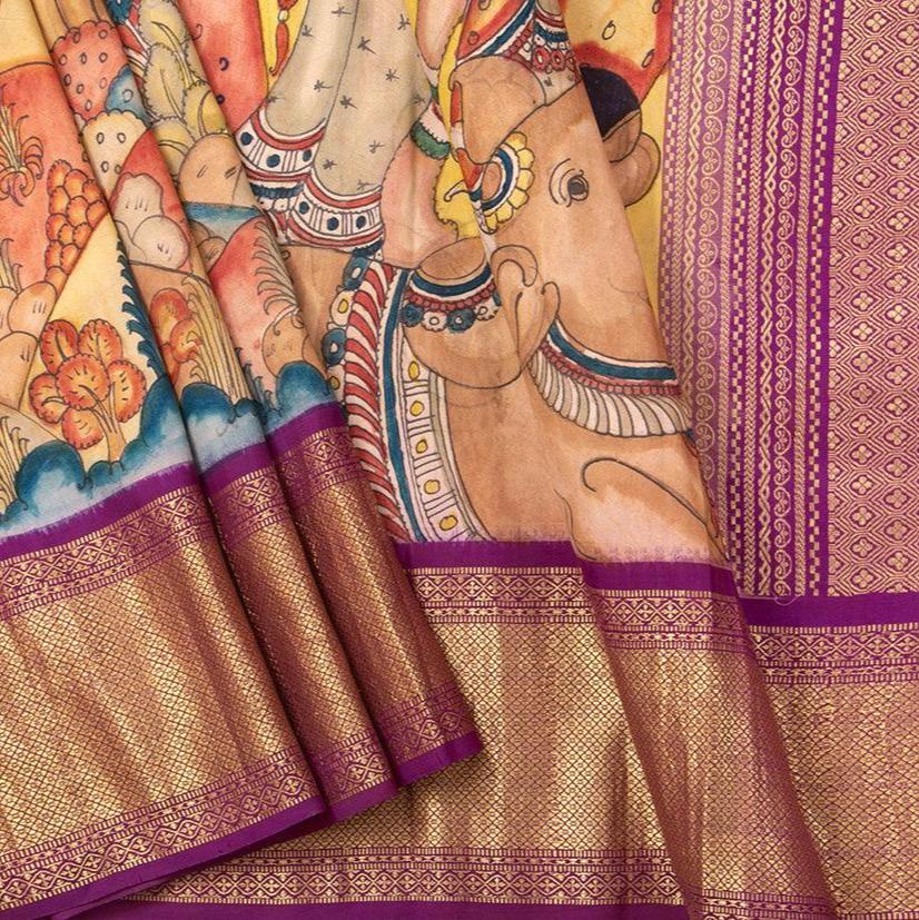 Yellow And Magenta Handpainted Kalamkari Kanchipuram Silk Saree Krishna Leela Theme Pure Zari PKK 15 - Kalamkari Silk - Panjavarnam PKK 15