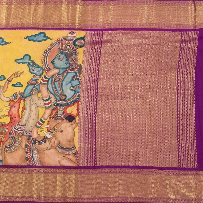 Yellow And Magenta Handpainted Kalamkari Kanchipuram Silk Saree Krishna Leela Theme Pure Zari PKK 15 - Kalamkari Silk - Panjavarnam PKK 15