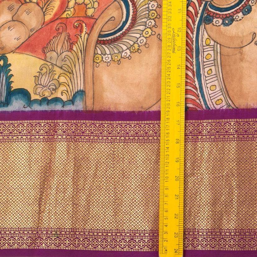 Yellow And Magenta Handpainted Kalamkari Kanchipuram Silk Saree Krishna Leela Theme Pure Zari PKK 15 - Kalamkari Silk - Panjavarnam PKK 15