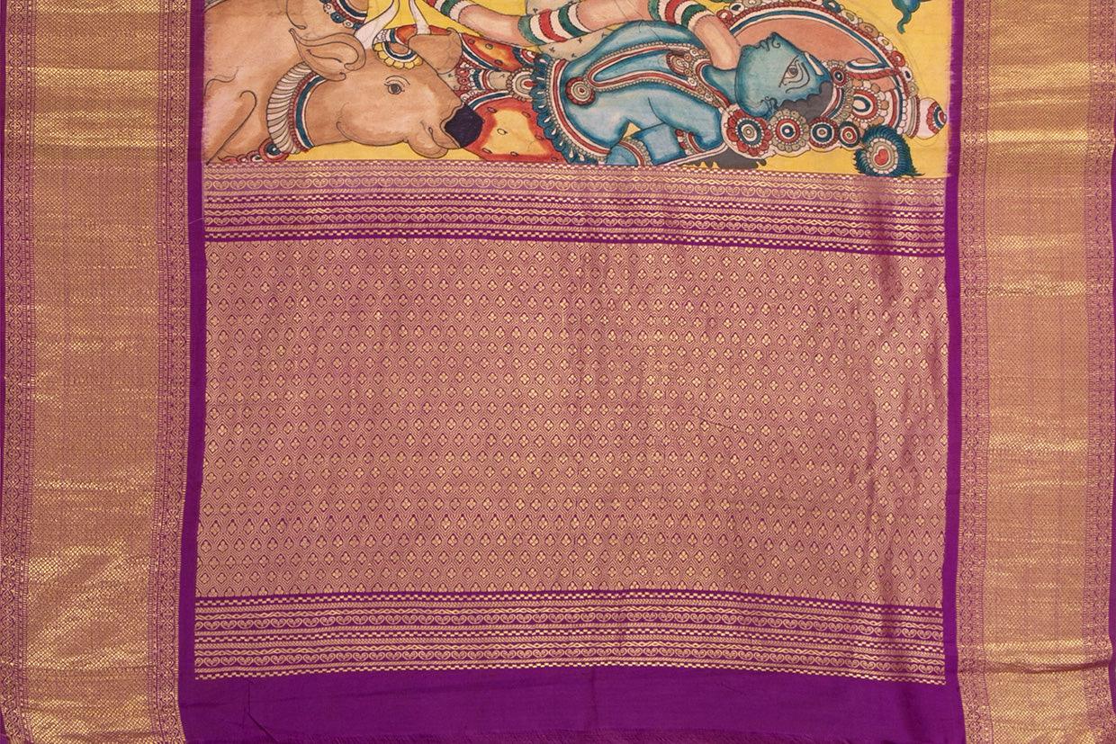 Yellow And Magenta Handpainted Kalamkari Kanchipuram Silk Saree Krishna Leela Theme Pure Zari PKK 15 - Kalamkari Silk - Panjavarnam PKK 15